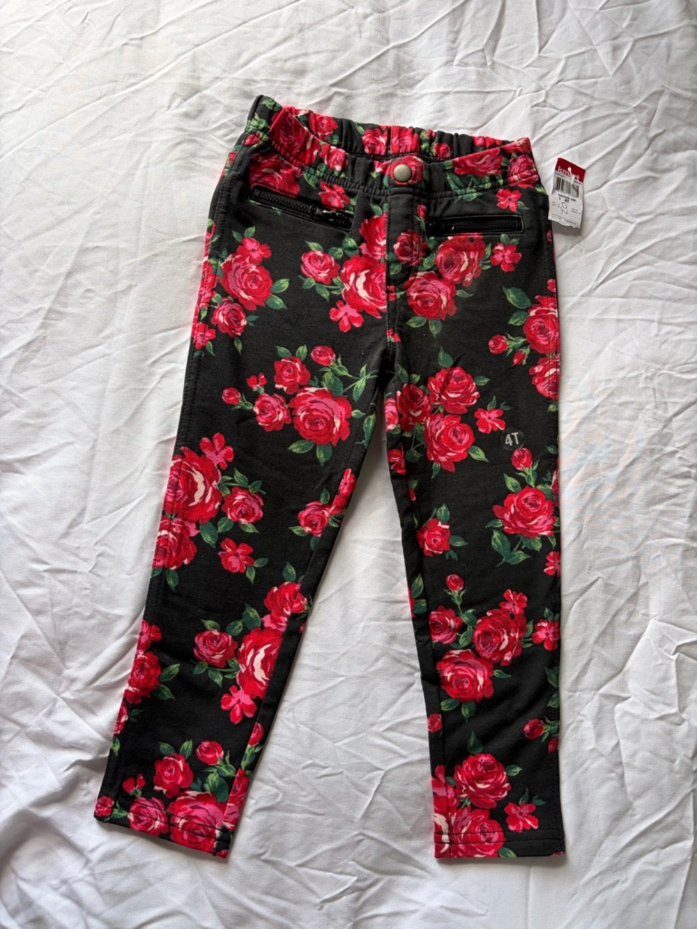 Wonderkids Black Leggings with Red and Pink Rose Print